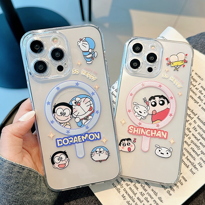 IPHONE Untuk Iphone14 13 12 11 Pro Max Kartun Crayon Shin-chan Cute Doraemon Transparan Perlindungan Hisap Magnetik soft Case