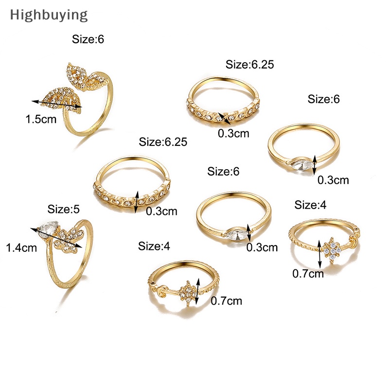 Hbid 8Pcs/Set Bohemian Butterfly Warna Emas Cincin Set Zirkon Bunga Daun Terbuka Cincin Untuk Wanita Sederhana Buku Jari Aksesoris Glory