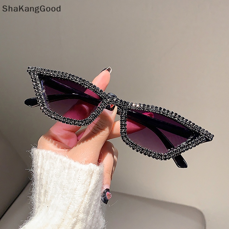 Skid Fashion Vintage Zirkon Kacamata Hitam Cat Eye Segitiga Frame Sunglasses Eyewear SKK