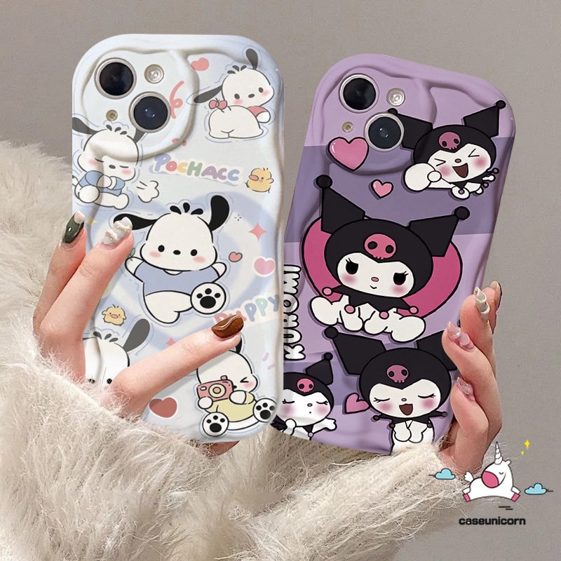 IPHONE Casing Kartun Kompatibel Untuk Iphone11 13 12 14 Pro Max7 8 6s 6 Plus XR X XS Max SE 2020 7Plus 8Plus Cute Kuromi Pochacc Hello Kitty Tpu Soft 3D Wavy Curved Edge Case