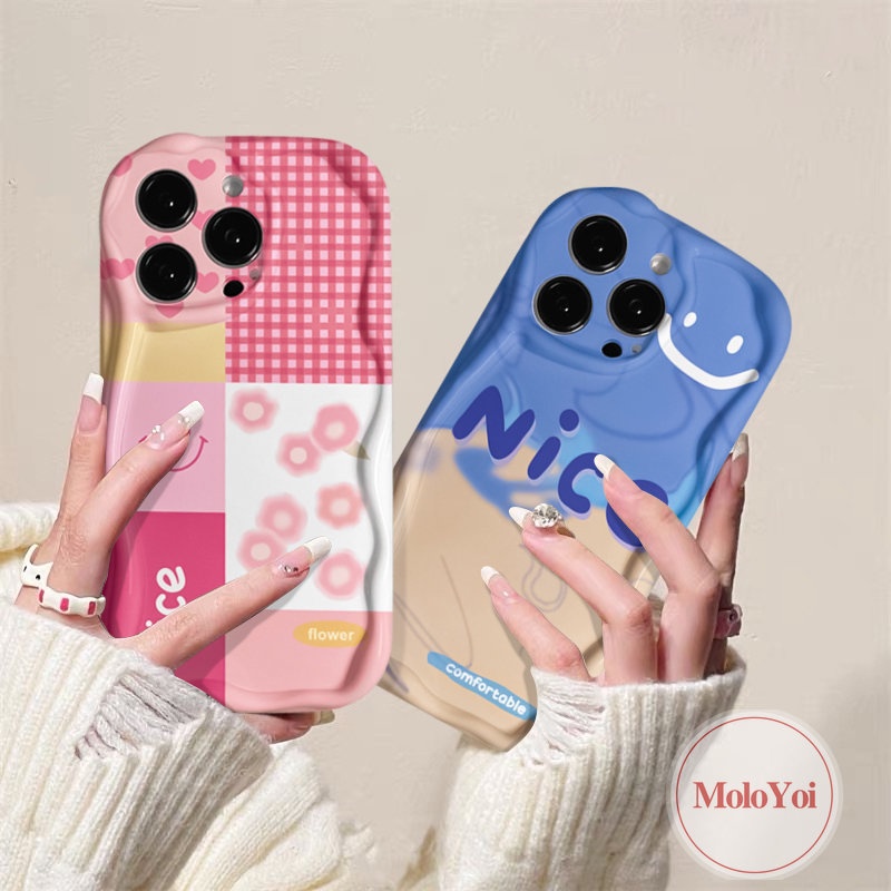 IPHONE Casing Belakang Tepi Melengkung Bergelombang 3D Kompatibel Untuk Iphone11 13 12 14 Pro Max XR X XS Max 86s 7 6 Plus SE 2020 Simple Letter Smile Motif Kotak-Kotak Bunga Pink Soft Tpu Cover