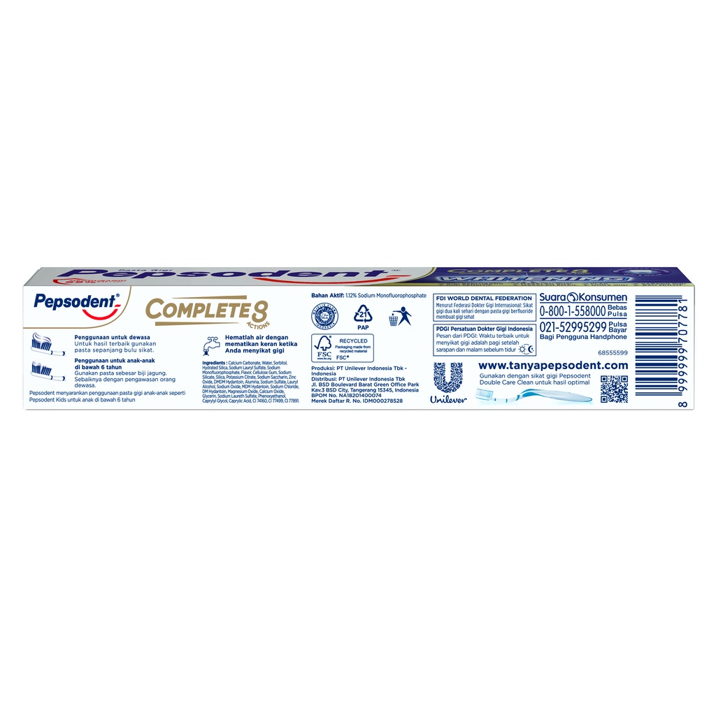 Pepsodent Complete 8 Plus Whitening Pasta Gigi Anti Bakteri Gigi Putih dalam 2 Minggu 190g ( BIRU)