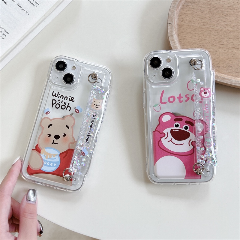 IPHONE Vinnie Bear Transparan Wrist Strap Soft Casing Cocok Untuk Iphone14 13 12 11 Pro Max Kartun Strawberry Bear Mengalir Pergelangan Tangan Strap Pelindung Case