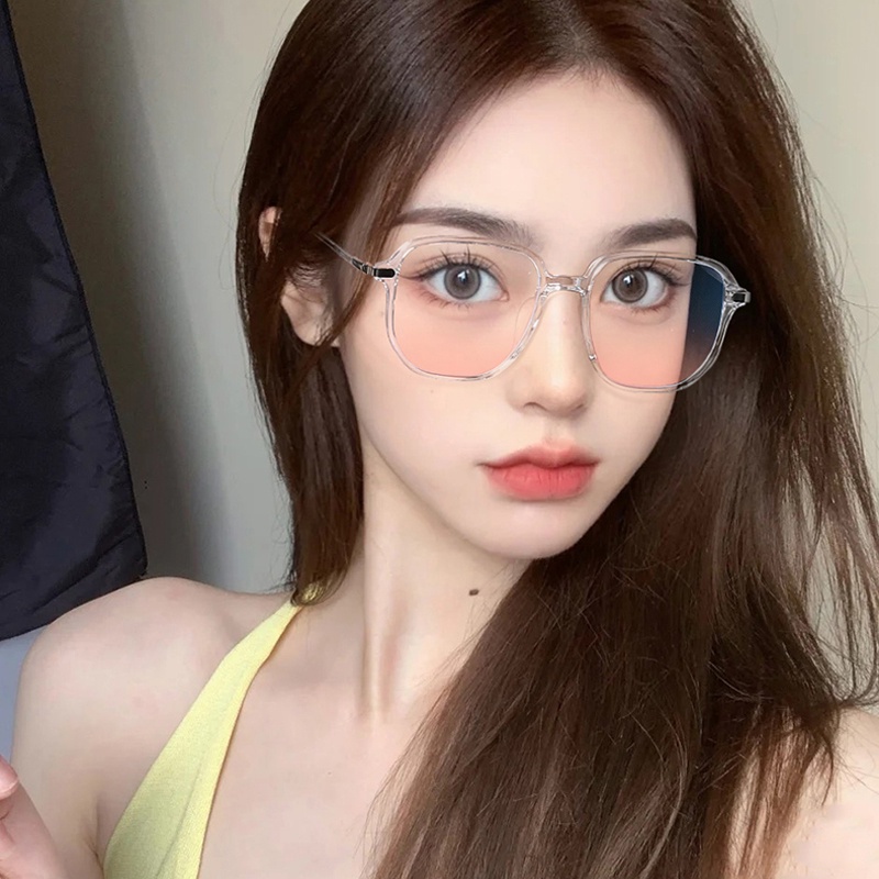 [Hot Sale] Resin Dekorasi Kacamata Blush Tren Polos Makeup Anti-Cahaya Biru Oversized Bening Pria Gradual Pink Bubuk Flat Glasse Wanita Ultralight Ringan Fashion