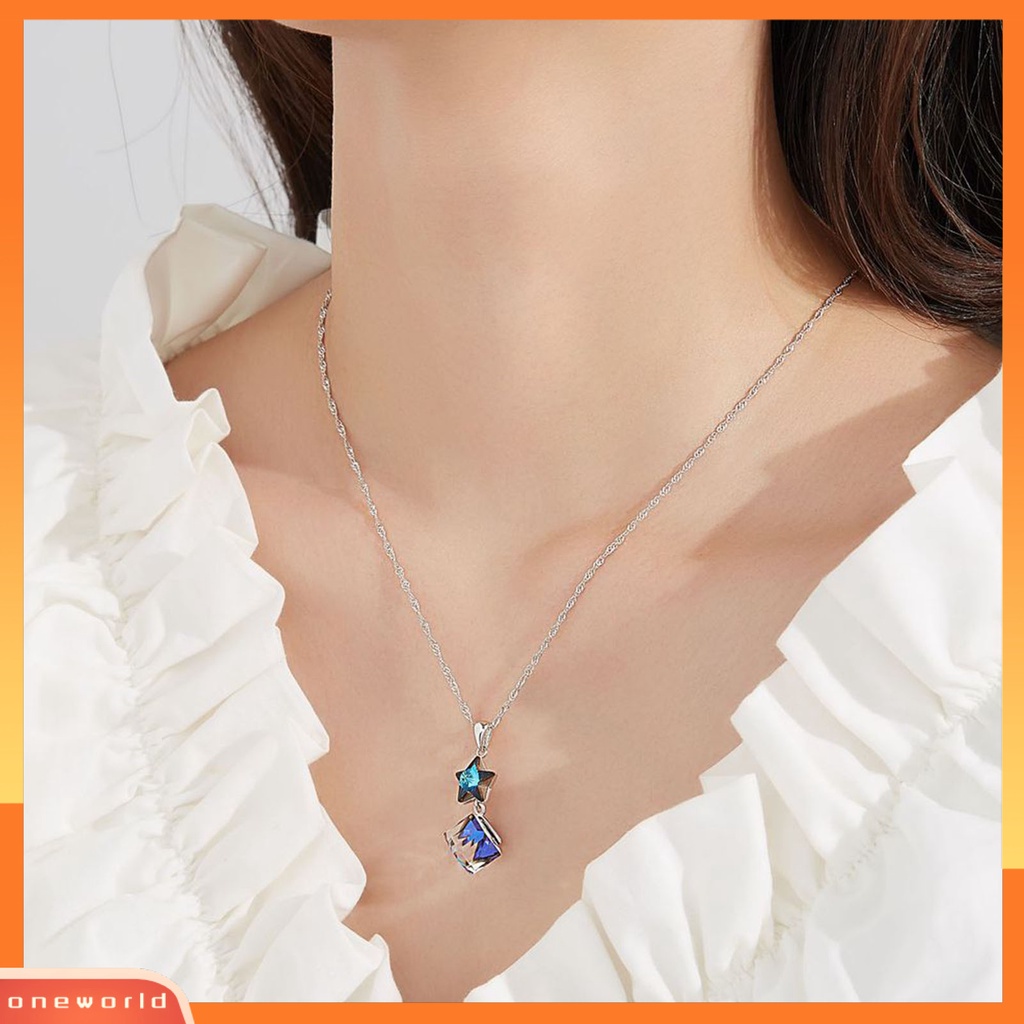 [ONE] Silverhoo Wanita Kalung Liontin Bintang Perhiasan Kristal Imitasi Kotak Biru Tahan Lama Choker Necklace Untuk Pernikahan