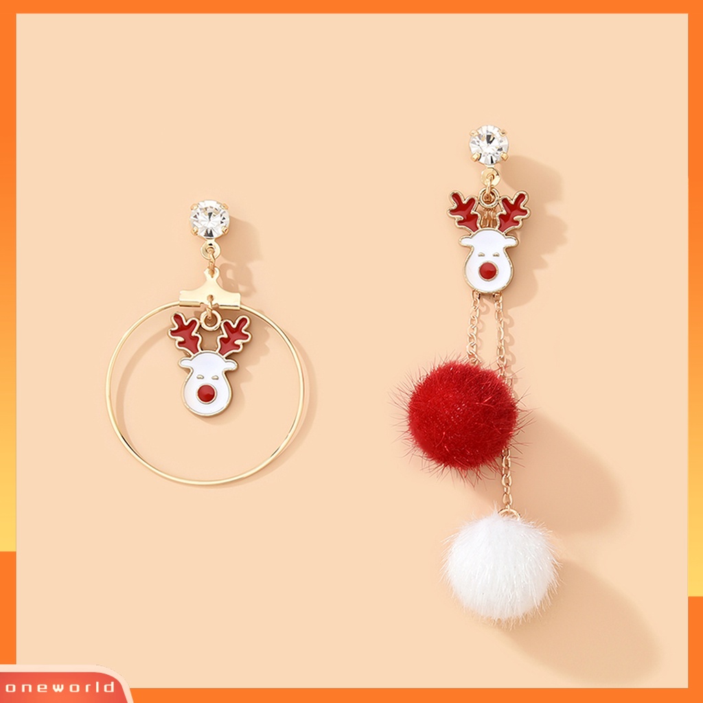 [ONE] 1pasang Anting Pejantan Asimetris Berlian Imitasi Mengkilap Merah Putih Pompom Cincin Besar Hadiah Lucu Natal Elk Drop Earrings Perhiasan Fashion