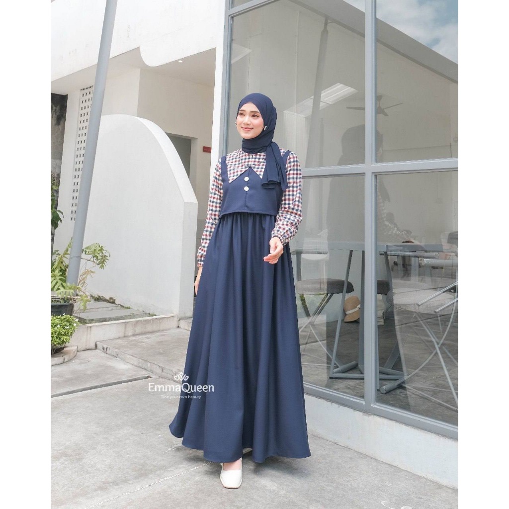 Gamis Simple Motif Kotak - Dress Taera EmmaQueen