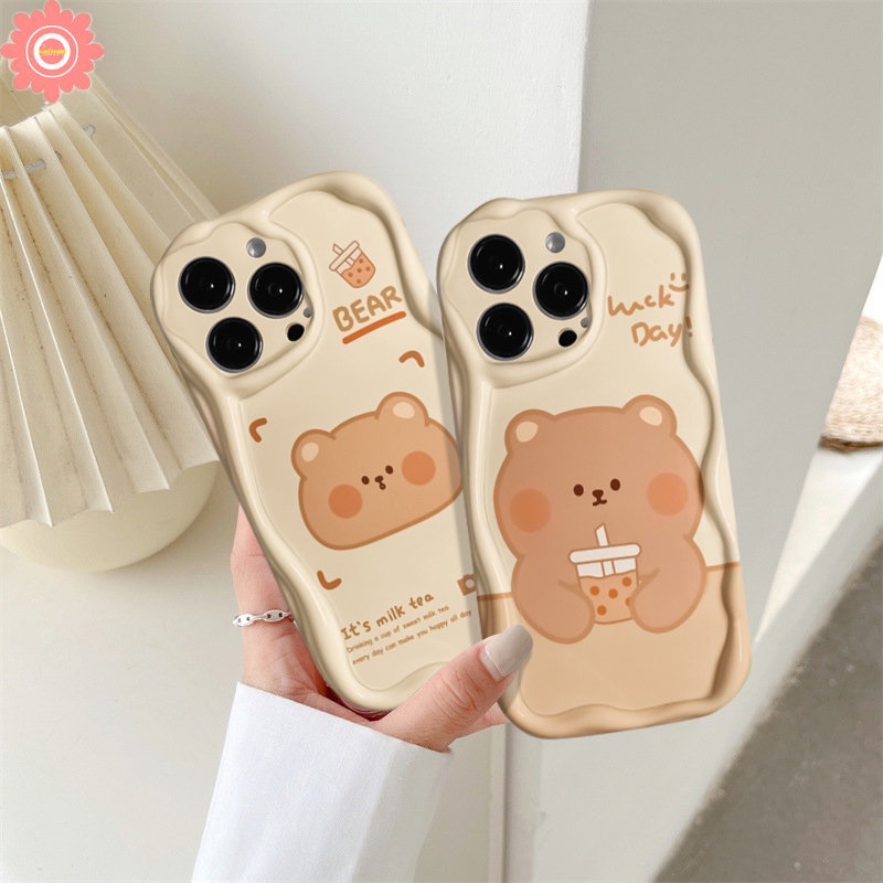 Casing Untuk Realme C53 C25 C15 C55 C30 C20 C11 C25Y C21 C35 C12 C33 C21Y C31 C25s 5 9i 7i 5i 6i 5s C17 C3 C20A C3 C1 Kartun Lucu Milk Tea Bear Lembut 3D Bergelombang Lengkung Tepi Tpu Sarung