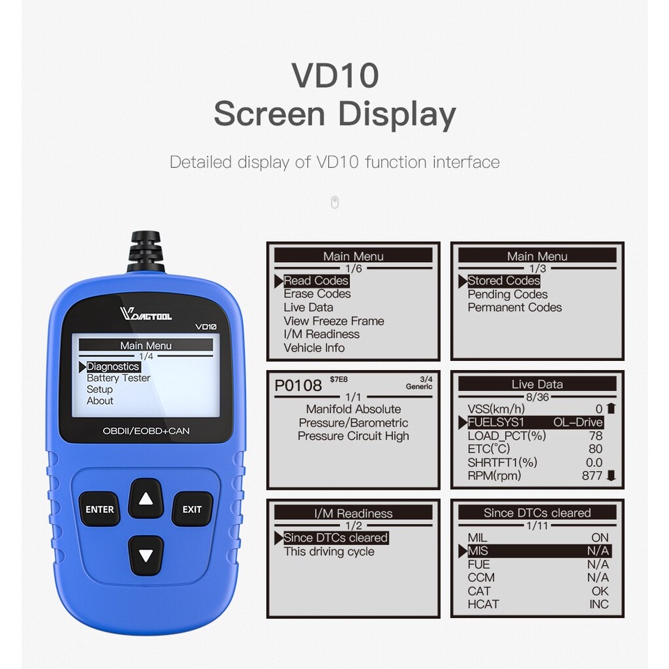 AKN88 - VDIAGTOOL VD10 OBD2 Engine Code Reader Auto Diagnostic Tool V1.5