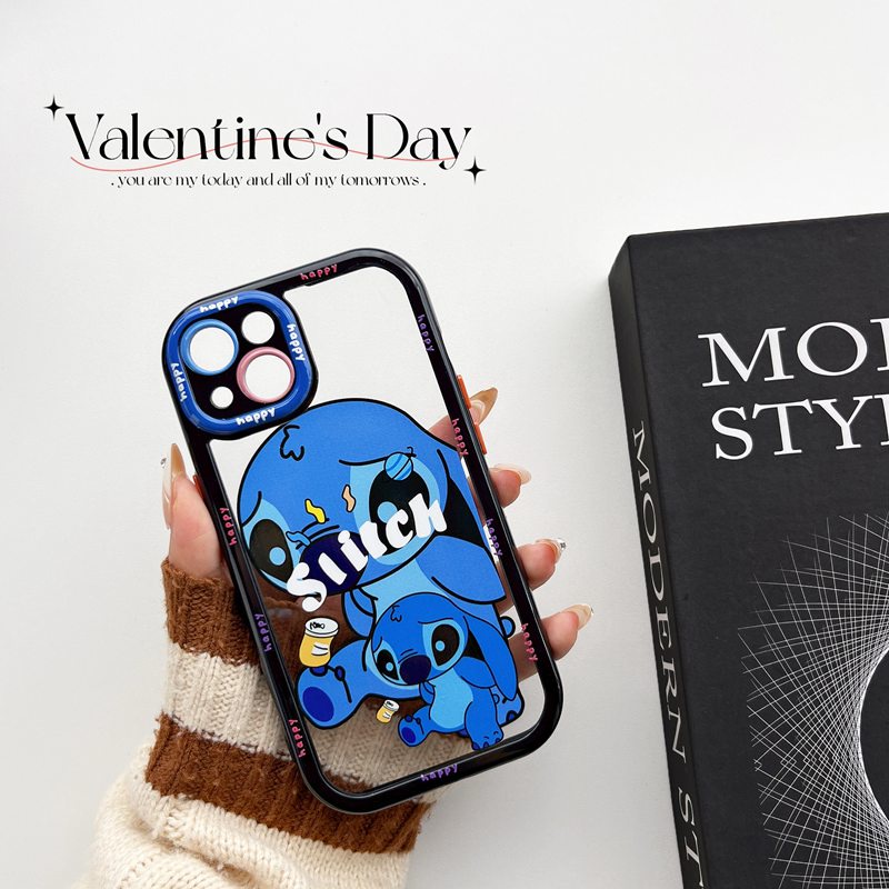 All New Cream Non-slip Camera Protect Soft Case IPhone X XR XS Max 11 12 13 14 Pro Max Women Girl Pretty Cute Blue STITCH Cartoon Phone Case