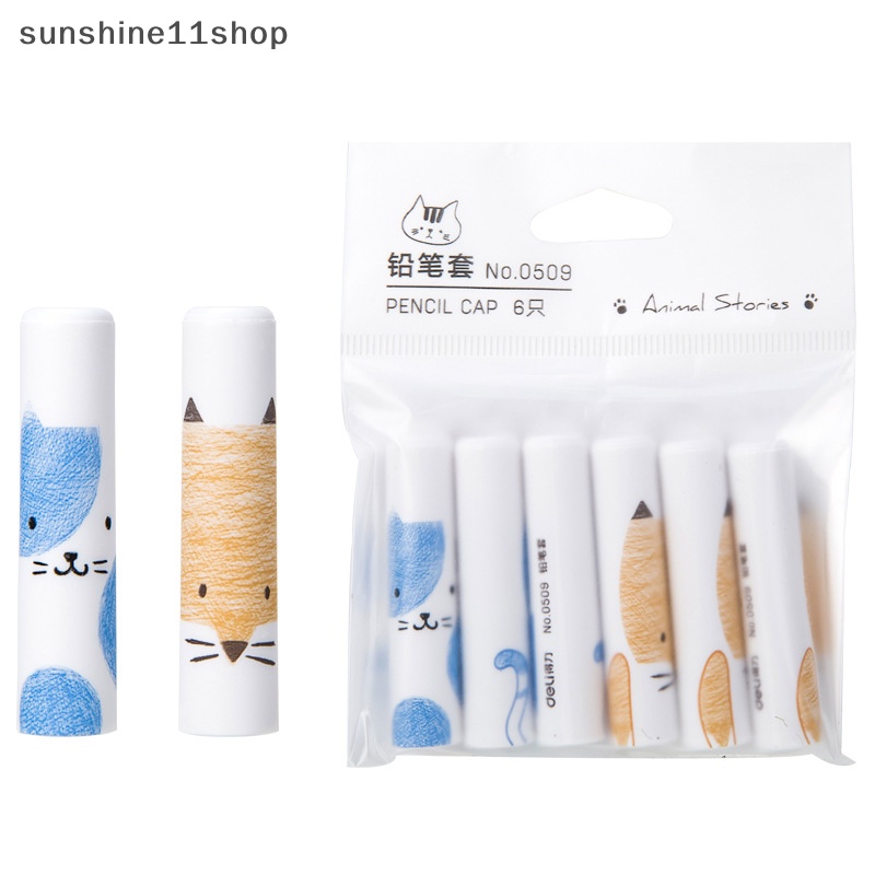 Sho 6 Pcs Kucing Lucu Pensil Cap Pen Cover Kawaii Pensil Extender Alat Tulis Korea Anak Hadiah Perlengkapan Kantor Sekolah N