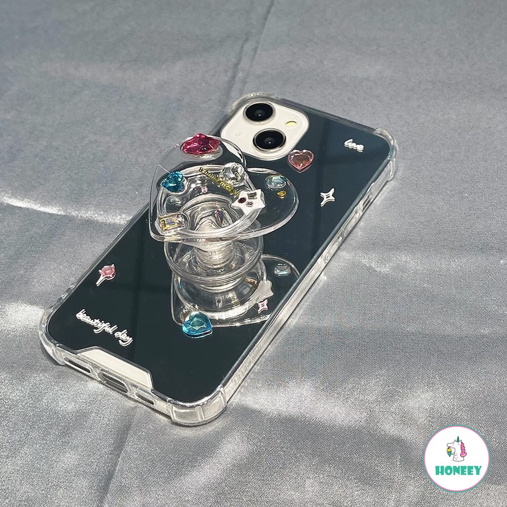 IPHONE Ins Korea Lucu 3D Epoxy Love Heart Bracket Mirror Phone Case Untuk Iphone14 13 12 11 Pro Max XR XS 7 8 Plus Indah Shockproof Soft Cover