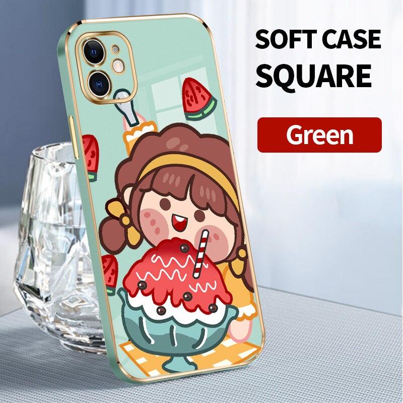Cute Fruit Girl Phone Case for Oppo A9X A92019 F11 11PRO RENO RENO34G F15 A91 RENO44G RENO54G/5G RENO5K RENO64G RENO74G RENO84G F21PRO4G F21SPRO4G RENO7Z5G RENO8Z A9 Luxury Electroplated Square Frame Silicone Case Soft Shockproof Phone Back Cover