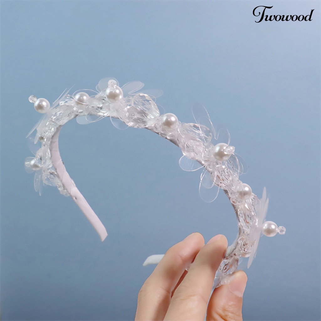 Twowood Bridal Headband Shiny Elegan Indah Eye-catching Palsu Mutiara Dekorasi Palsu Kristal Bunga Bando Pesta Supply