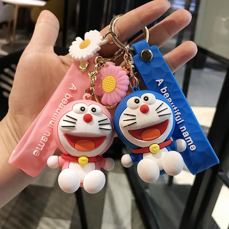 Lucu Pasangan Kekasih 3D Pink Biru Doramon Gantungan Kunci Dengan Tali Mobil Rumah Gantungan Kunci Tas Ponsel Case Bluetooth Earphone Cover Charms Liontin Hadiah Untuk Pria Wanita