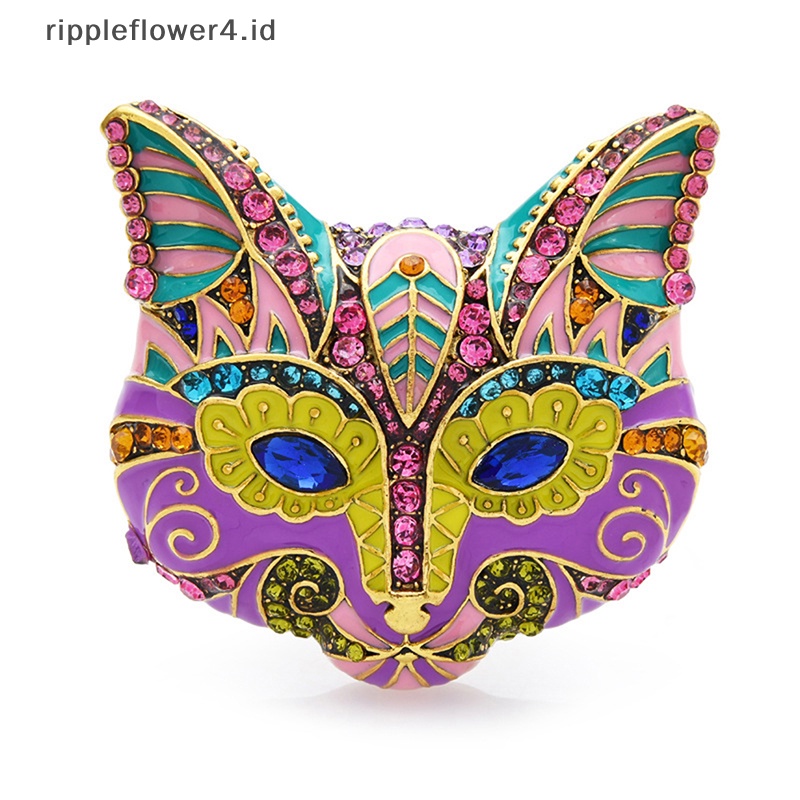 {rippleflower4.id} Besar Berat Multicolor Enamel Berlian Imitasi Kepala Kucing Bros Wanita Pesta Women Gift~