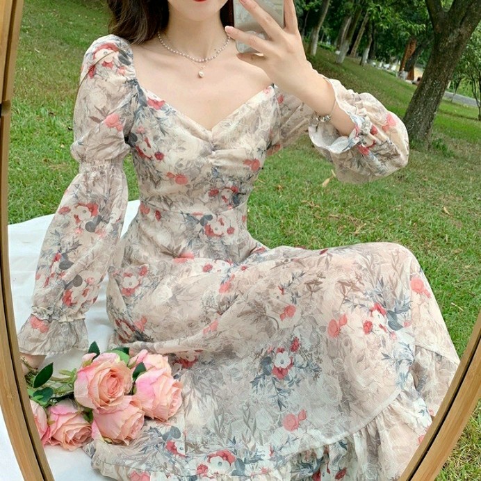 TIFFANY KOREAN FLORAL VINTAGE DRESS PREMIUM - broken white