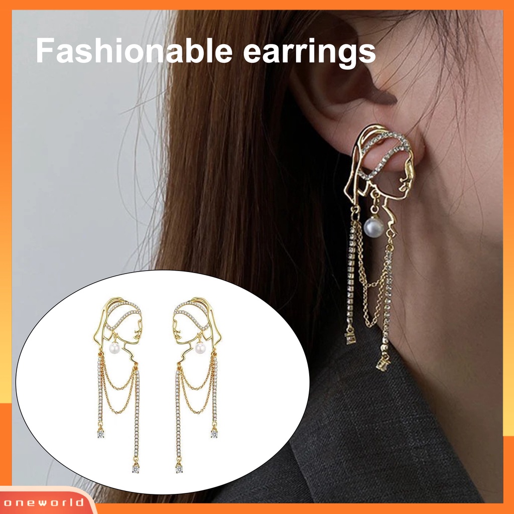 [WOD] 1pasang Anting Lady Mutiara Imitasi Abstrak Rumbai Gadis Potret Kepribadian Indah Drop Earrings Untuk Hadiah