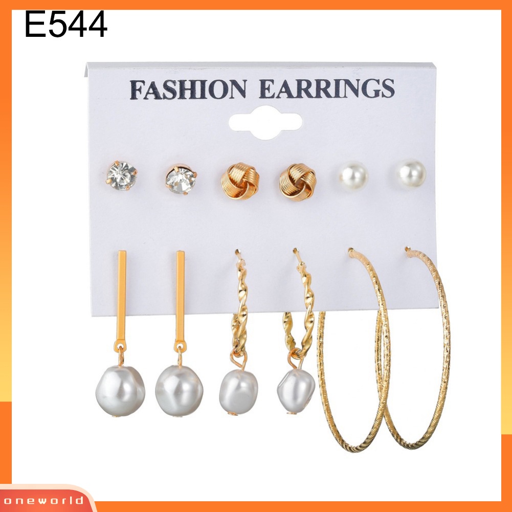 [WOD] 6pasang Wanita Mutiara Imitasi Rumbai Geometris Menjuntai Ear Studs Hoop Earrings Jewelry