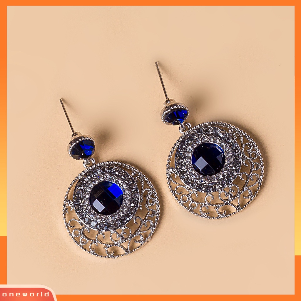 [WOD] Wanita Sederhana Biru Berlian Imitasi Berongga Bulat Telinga Stud Earrings Perhiasan Aksesori