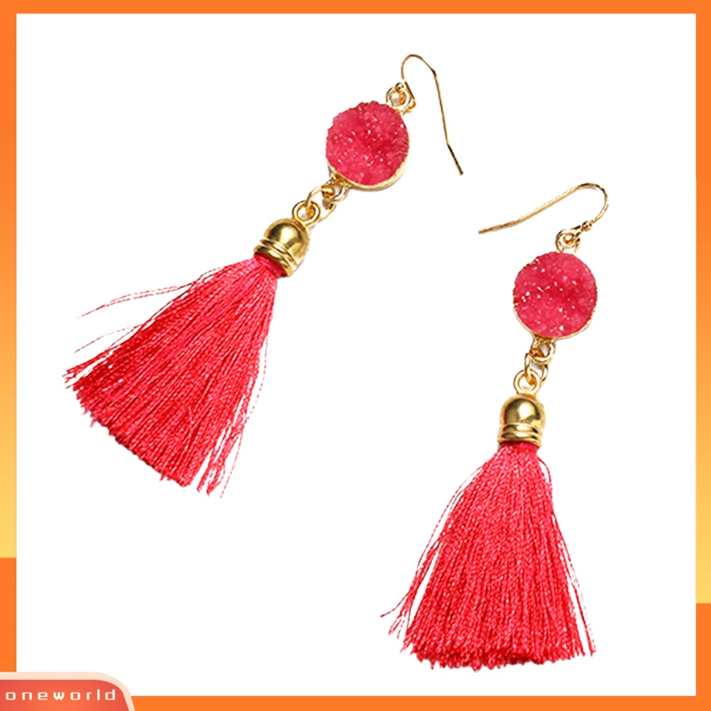 [WOD] 1pasang Anting Kait Bohemian Katun Ringan Garis Pinggiran Desain Menjuntai Earrings Aksesoris Telinga