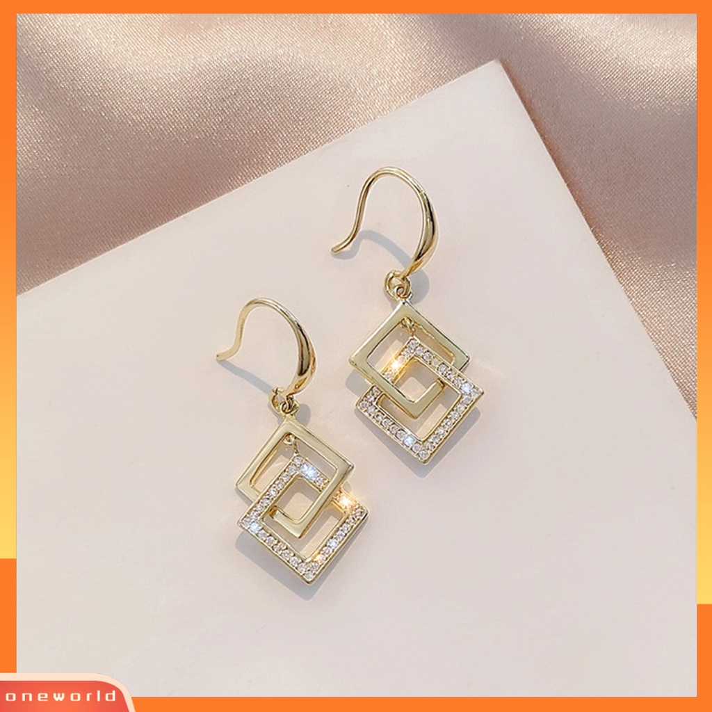 [WOD] 1pasang Wanita Drop Earrings Berlian Imitasi Mengkilap Hias Kokoh Bentuk Geometris Menjuntai Anting-Anting Hadiah Ulang Tahun