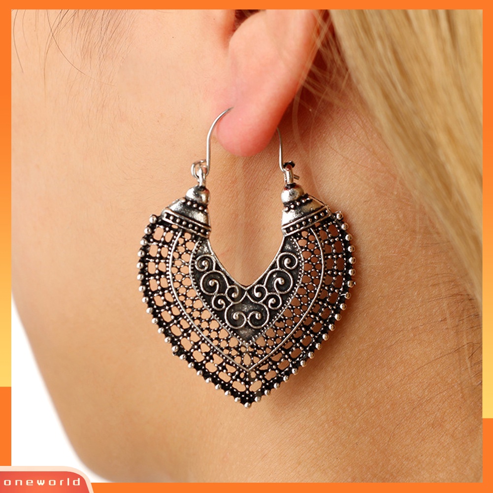[WOD] Pesta Vintage Wanita Ukiran Berongga Jantung Liontin Pernyataan Leverback Earrings