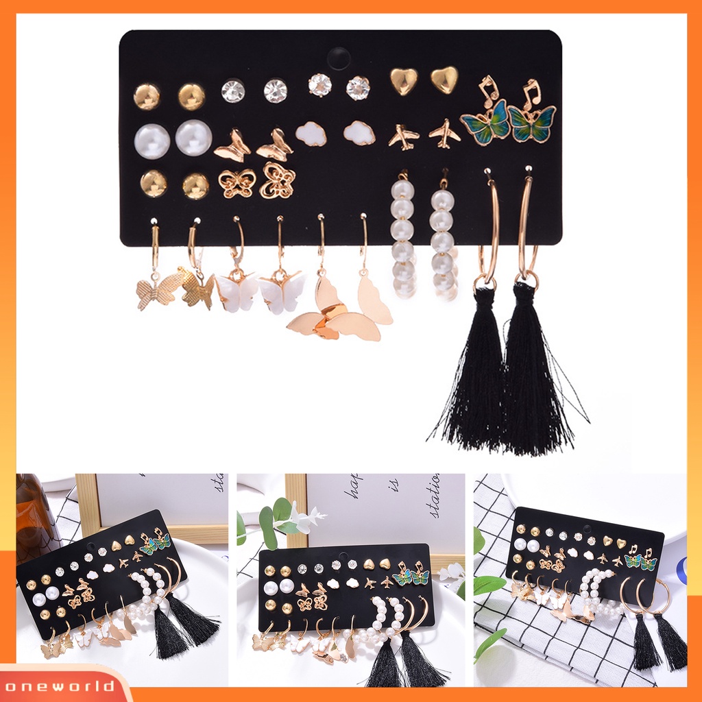 [WOD] 1set Anting Stud Set Gaya Bohemian Multi Bentuk Kupu-Kupu Mutiara Imitasi Rumbai Panjang Anting Gantung Set Perhiasan Pacaran