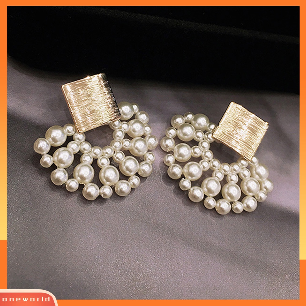 [WOD] Pesta Malam Persegi Mutiara Imitasi Bentuk Kipas Liontin Elegan Wanita Stud Earrings