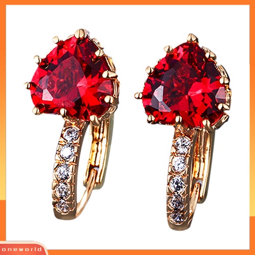 [WOD] Wanita Cinta Merah Hati Zirkon Lapis Emas 18K Leverback Huggie Earrings Perhiasan