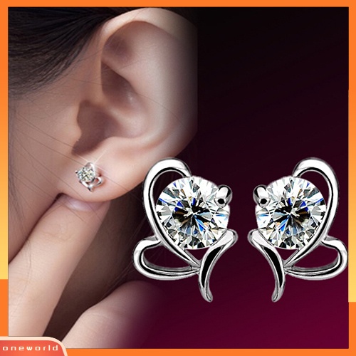 [WOD] Fashion Wanita925 Sterling Perak Hati Bulat Zirkon Telinga Stud Earrings Perhiasan