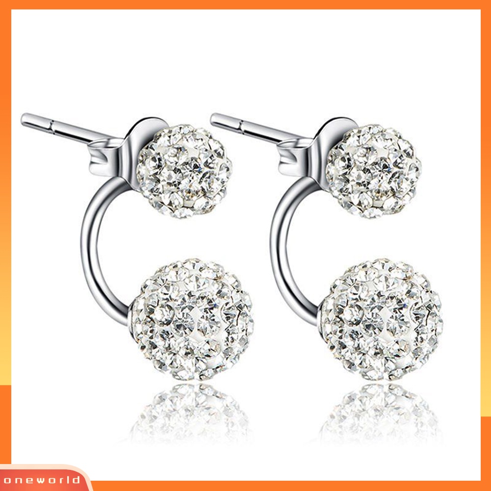 [WOD] 1pasang Perhiasan Wanita U-shape Double Beaded Rhinestone Ball Stud Earrings