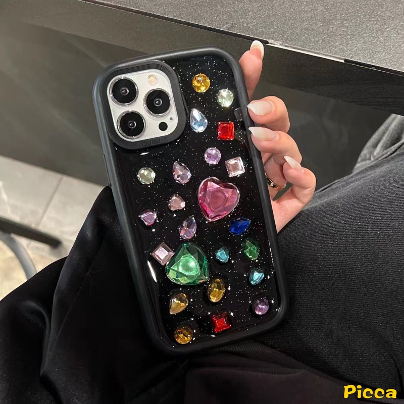 IPHONE Cinta Hati Berlian Warna-Warni Dekorasi Stiker Casing Hitam Kompatibel Untuk Iphone11 13 14 12 Pro MAX XR 7Plus 8Plus 11x XS MAX Mewah Simple Warna Solid Plating Square Cover