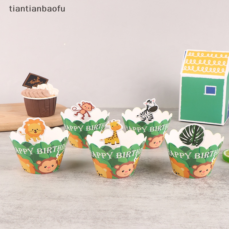 [tiantianbaofu] 12pcs Jungle Safari Animal Cupcake Wrapper Hewan Liar Pesta Cupcake Topper Butik