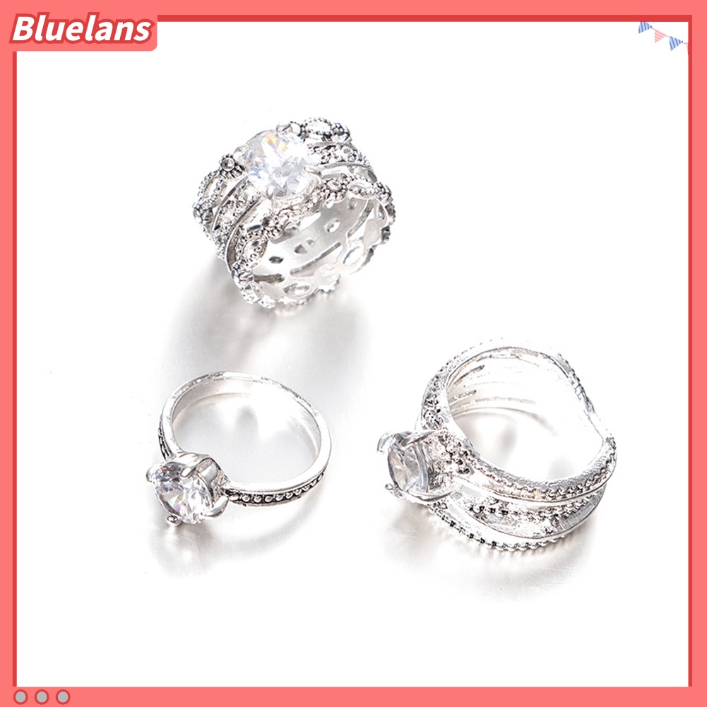 [BLS] 3pcs Vintage Berlian Imitasi Bertatahkan Melubangi Jari Cincin Set Perhiasan Wanita