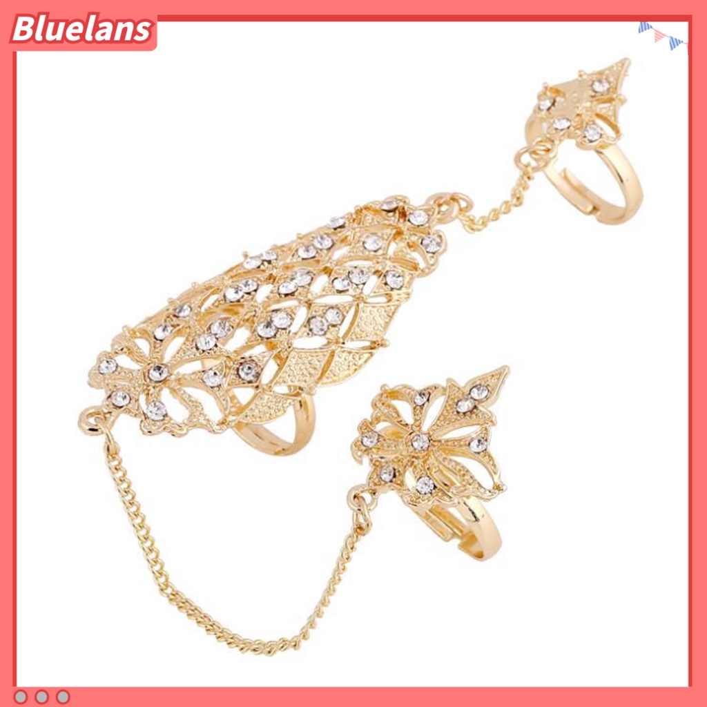 [BLS] Cincin Pembukaan Berlian Imitasi Tertanam Alloy Warna Emas Berlubang-out Leaf Dual Finger Chain Ring Untuk Pacaran