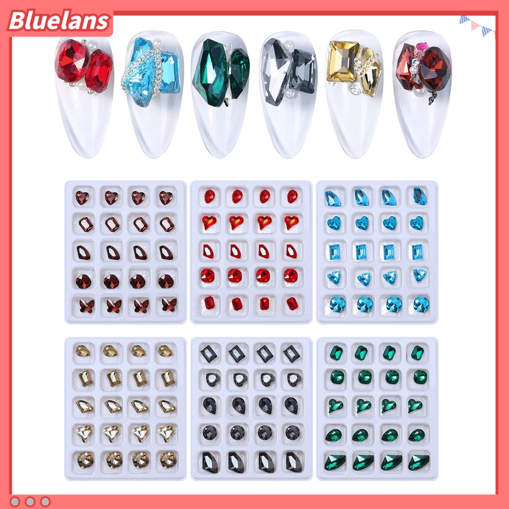 [BLM] 20pcs /Box Kuku Berlian Imitasi Multi Bentuk Berkilau Bersinar Tahan Lama 3D Dekorasi Kuku Resin Tetesan Air Jantung Nail Art Rhinestones Kit Perlengkapan Kerajinan