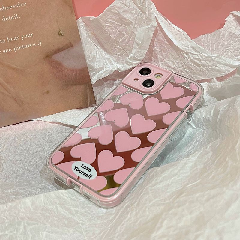 INS Pink Full Love Mirror Soft TPU Case iP iPhone 14 + Plus 11 12 13 Pro Max 2in1 FTD Girl Woman Casing Apple