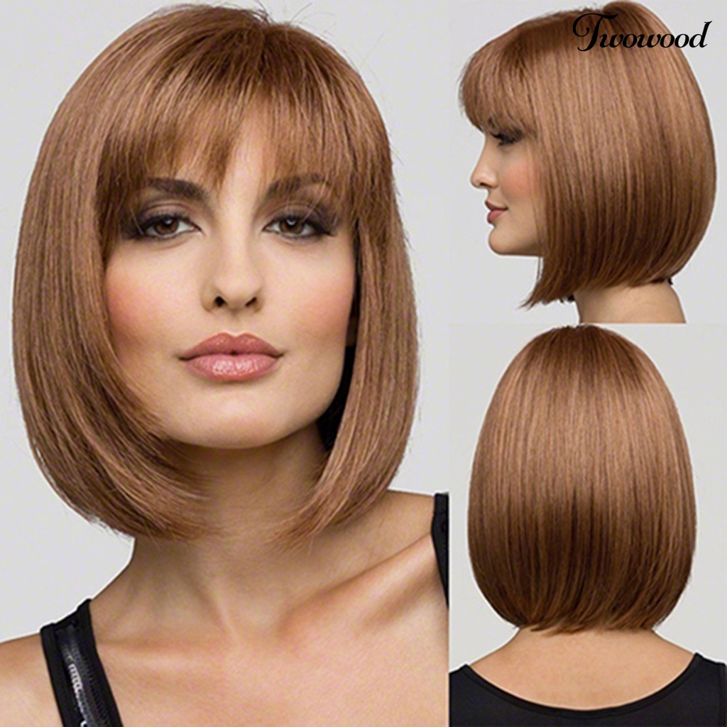 Twowood Wig Pendek Fashion Wig Bob Silky Realistis Wig Lurus Pendek Untuk Lady