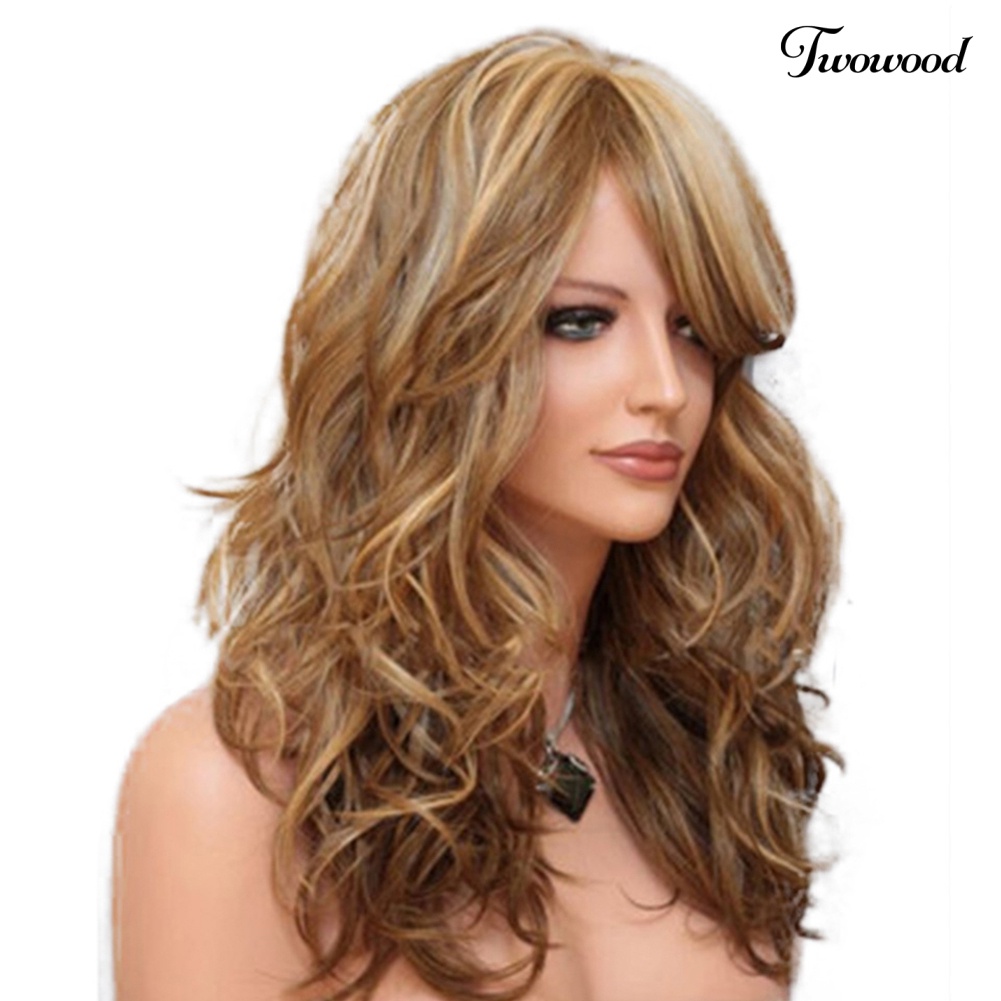 Twowood Fashion Wanita Sideswept Bangs Curly Panjang Full Wig Cosplay Pesta Sopak