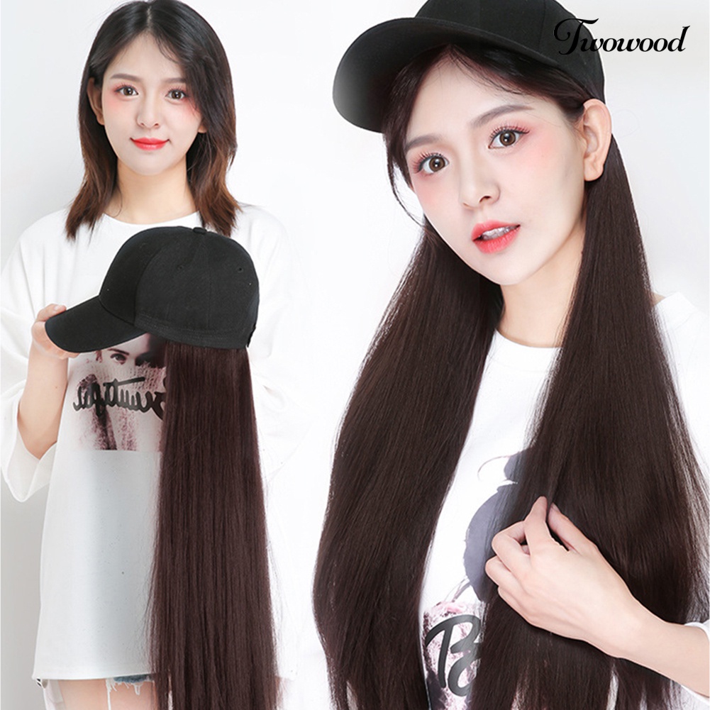 Twowood Wanita Kreatif 2in1 Sopak Rambut Palsu Lurus Panjang Keriting Dengan Topi Baseball