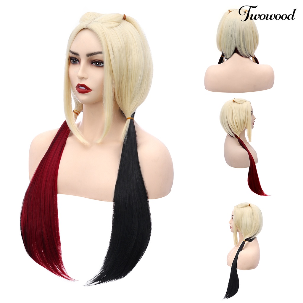 Twowood Cosplay Wig Halus Hitam Merah Putih Lembut Tahan Panas Kostum Rambut Sintetis Lurus Panjang Untuk Pesta Bertema