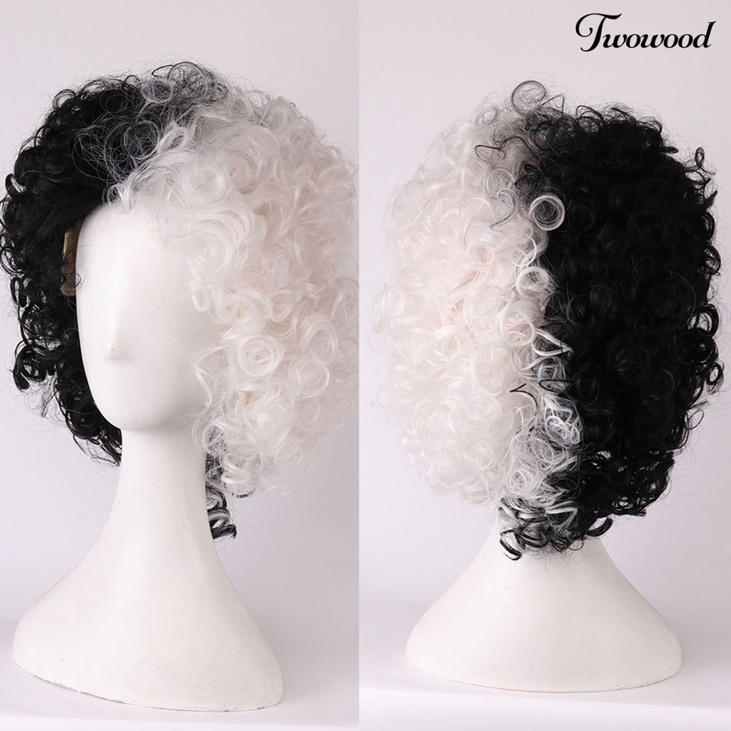 Twowood Cruella Wig Vivid Styles Wavy Skin-Friendly Deville Cosplay Wig Curly Half White Black Wig Untuk Perempuan