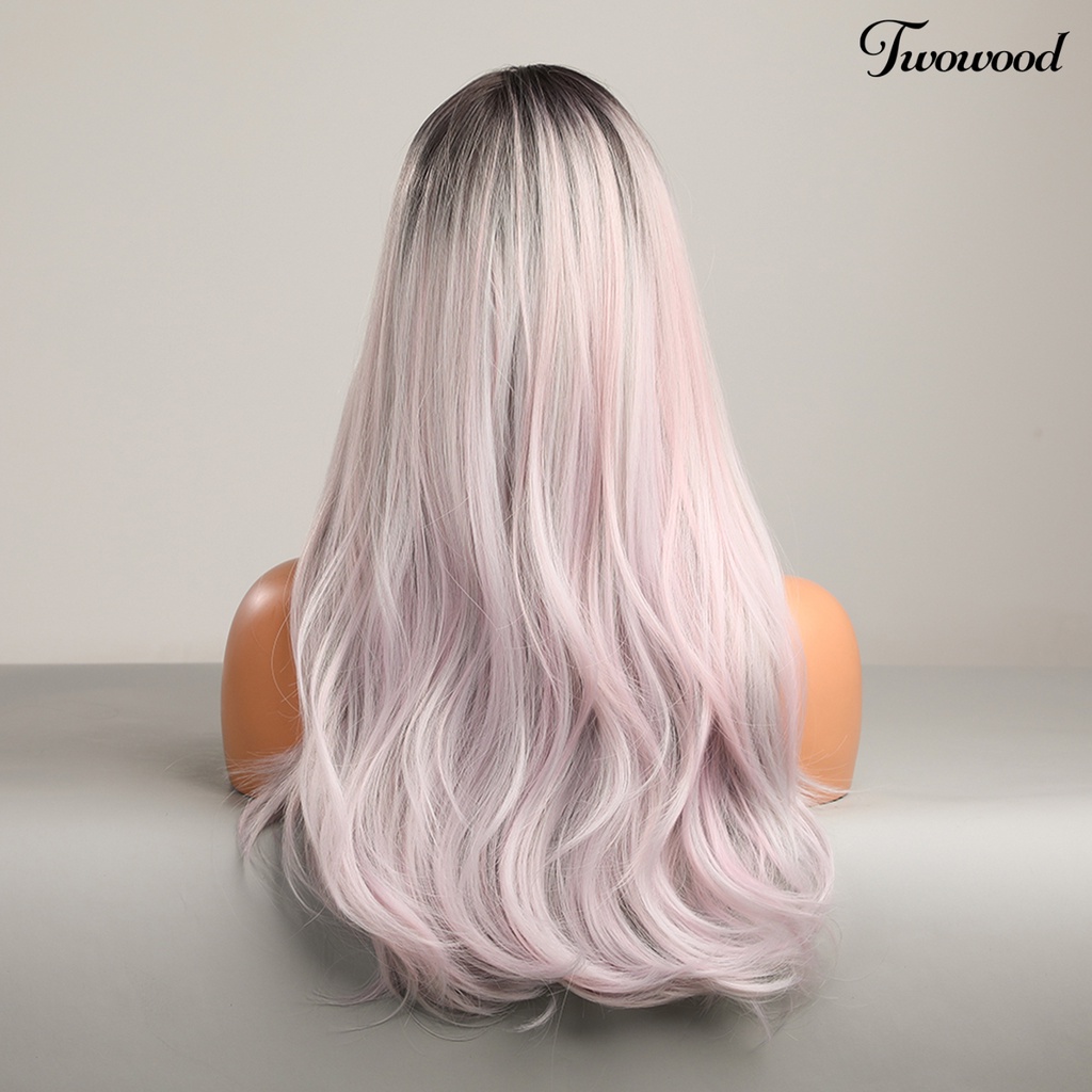 Twowood Fluffy Wig Gradasi Serat Suhu Tinggi Dengan Hairnet Pink Golden Color Wanita Panjang Keriting Wig Styling Rambut