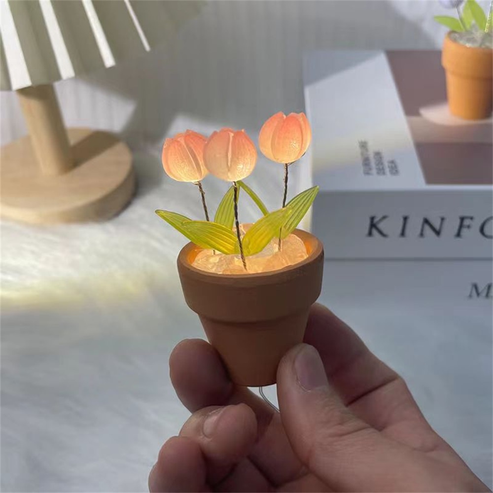 Pot Tulip DIY Lampu Malam Bahan Paket Mini Handmade Bunga Bundle Desktop Dekorasi Suasana Cahaya Pacar Hadiah Ulang Tahun