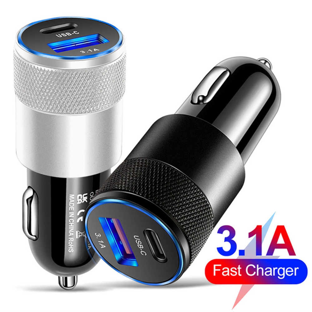 3.1a 15/38W Dual Ports Car Quick Charger Type-C USB Adaptor Ponsel QC3.0 USB +PD Fast Charger Hitam Paduan Aluminium Charger Aksesoris Interior Mobil