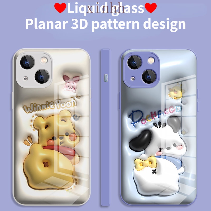 IPHONE Casing Hard Kaca Winnie Bear Datar 3D Cocok Untuk Iphone14 13 12 11 Pro Max Cat Metalik Motif Kartun Kartun Casing Pelindung