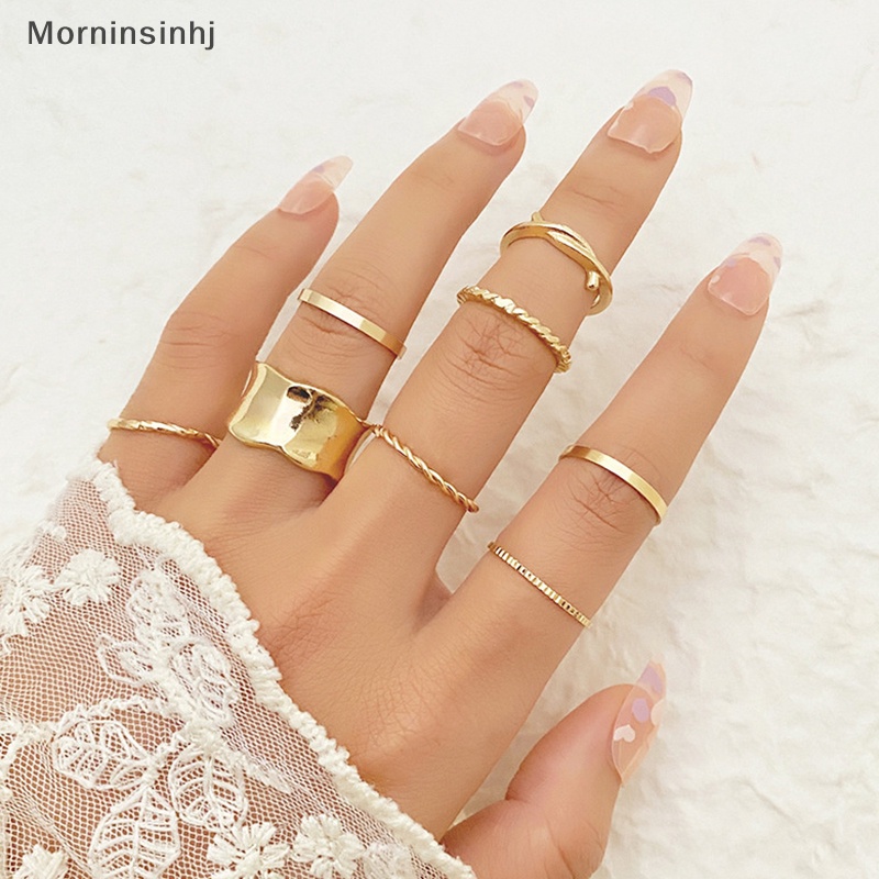 Mornin 8Pcs /Set Punk Metal Geometric Ring Set Untuk Wanita Vintage Minimalis Metal Wide Knuckle Ring Finger Perhiasan Hadiah id