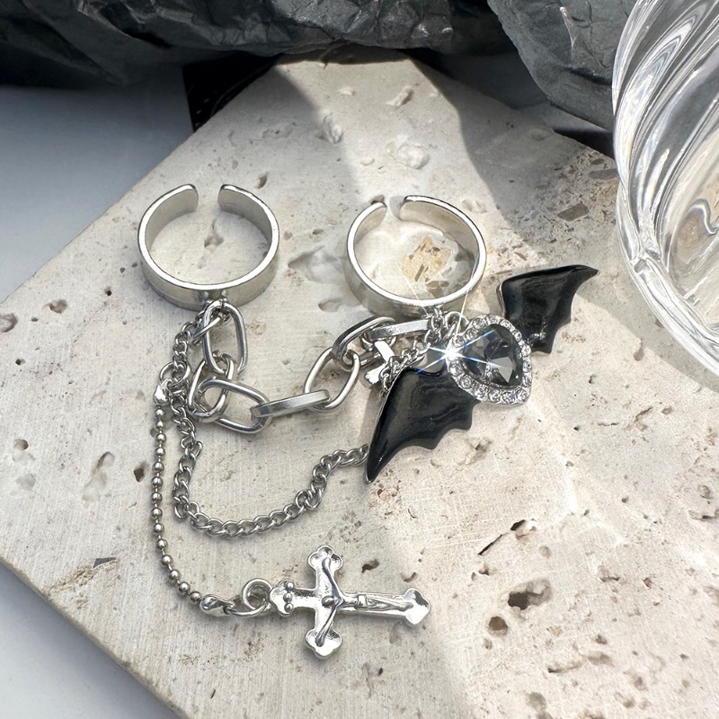 [Fiture] Fashion Sederhana Bertatahkan Zirkon Cincin/Sayap Kelelawar Cincin Rantai Jari Ganda/Gothic Punk Malaikat Terbuka Yang Dapat Disesuaikan/Ikatan Simpul Cincin Jari Silang/