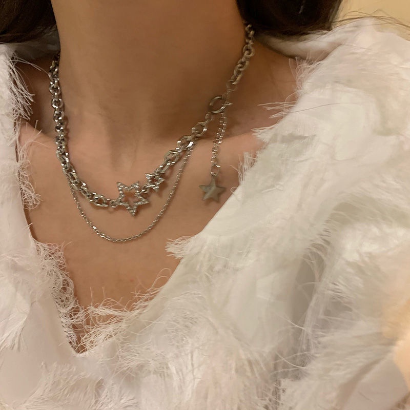 Merasakan Bintang Double Layer Kalung Perempuan Gaya Keren ins Hip-Hop Pendek Rantai Klavikula Trendi Berkelas Chain Necklace